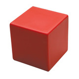 A red stress cube with a smooth surface, designed for stress relief. It has a logo on one side.
