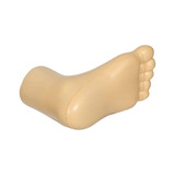 A beige stress toy shaped like a foot, featuring toes and a smooth surface. It has a small logo on one side.