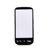 A black stress mobile phone with a blank screen and three buttons at the bottom, featuring a logo on the back.