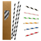 A box of paper straws in various colours, including black, white, pink, green, orange, and red. The box has a window.