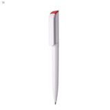 A white plastic pen with a red top and a clip, featuring a logo on its body.