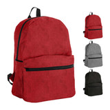 A red backpack featuring a large main compartment and a front pocket, alongside grey and black variants. It has a logo.