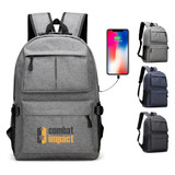 A grey laptop backpack with multiple compartments and a logo, featuring a charging port and adjustable straps.