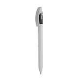 A plastic pen in white with a black grip and a logo on the barrel.