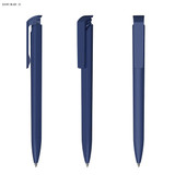 A dark blue plastic pen featuring a sleek design and a clip for easy attachment. The pen has a glossy finish and branding.