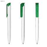A white plastic pen with a green clip, featuring a sleek design and a simple branding logo.