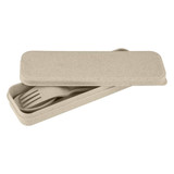 A set of wheat straw utensils including a fork, enclosed in a matching beige case.