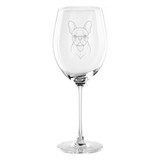 A wine glass in clear glass, featuring an etched image of a French Bulldog on the side.