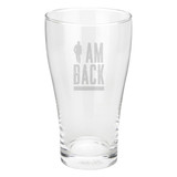 A clear glass beer schooner with a tapered design. It features a logo near the top.
