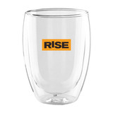 A double wall glass in clear colour with a logo featuring the word "RISE" in orange.