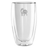 A double wall glass with a sleek, clear design, featuring a logo, ideal for beverages.