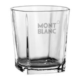 A glass tumbler with a clear design and a square shape, featuring a logo on one side.