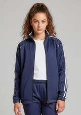 A navy track jacket with white stripes, featuring a zip front and a high collar, worn by a model.