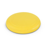 A yellow flying disc featuring a smooth surface and raised concentric rings.