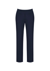 A pair of women's slim leg pants in navy blue, featuring a bandless design and a sleek, minimalistic look.