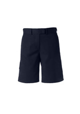 A pair of navy dress shorts for women featuring a front button and side pockets, with a logo on the side.