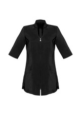 A black women's tunic with a zip front, short sleeves, and pockets, featuring a logo on the design.