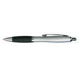 A metallic pen with a silver body and a black grip, featuring a clip and a logo.