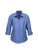 A blue women's 3/4 sleeve shirt with a collar and button-up front. It features a logo on the label.