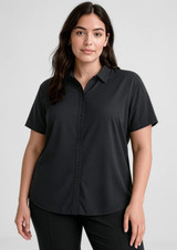A black short sleeve blouse with a button-up front, featuring a collar and a relaxed fit.