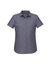A women's short sleeve button-up shirt in a dark grey colour, featuring a classic collar and a logo.