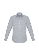 A long sleeve button-up shirt in a grey and white striped pattern, featuring a collar and buttons.