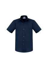 A navy short sleeve button-up shirt featuring a collar and a chest pocket, with a logo on the tag.