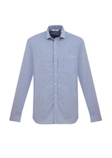 A long sleeve button-up shirt in light blue with a chest pocket and a logo.