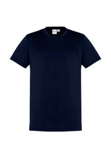 Navy blue men's short sleeve tee with a crew neck design and a logo on the tag.