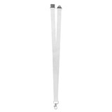 A white lanyard featuring a silver clip and plastic attachments, designed for holding ID cards or badges.
