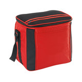 A red and black cooler bag with a zippered top and a side handle. It features a front pocket and a padded lid. A red and black cooler bag with a zippered top and a side handle. It features a front pocket and a padded lid.