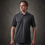 A man's charcoal grey polo shirt with a classic collar and short sleeves, featuring a logo on the chest.