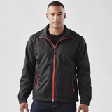 A black jacket with red accents and a zippered front, featuring side pockets and a stand-up collar.