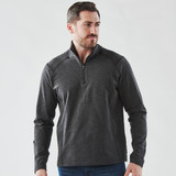 A men's dark grey 1/4 zip pullover jumper with a logo, featuring long sleeves and a collar.
