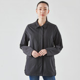 A women's jacket in dark grey with a collar and long sleeves, featuring a logo.