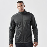 A men's lightweight softshell jacket in dark grey, featuring a zip closure and a stylish design.