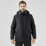 A black Men's Nautilus 3 in 1 Jacket with a hood, featuring a logo on the chest and side pockets.