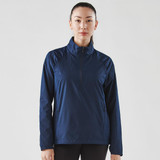 A navy blue women's 1/4 zip anorak jacket with a logo, featuring a lightweight design and a high collar.