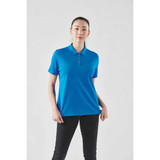A blue women's polo shirt with a classic collar, featuring a button placket and a small logo. A blue women's polo shirt with a classic collar, featuring a button placket and a small logo.