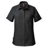 A black short-sleeve button-up shirt with a chest pocket and subtle speckled pattern. Includes a logo.