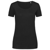 A black women's t-shirt with a scoop neckline and short sleeves, featuring a branding logo.