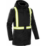 A black parka featuring reflective stripes, designed for workwear with a hood and pockets. It includes a logo.