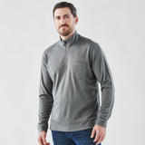 A grey men's pullover with a 1/4 zip and a chest pocket, featuring long sleeves and a logo.