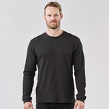 A black crew neck shirt worn by a man, featuring long sleeves and a plain design with a logo.
