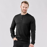 A black men's Henley shirt with long sleeves and a buttoned neckline, featuring a small logo.