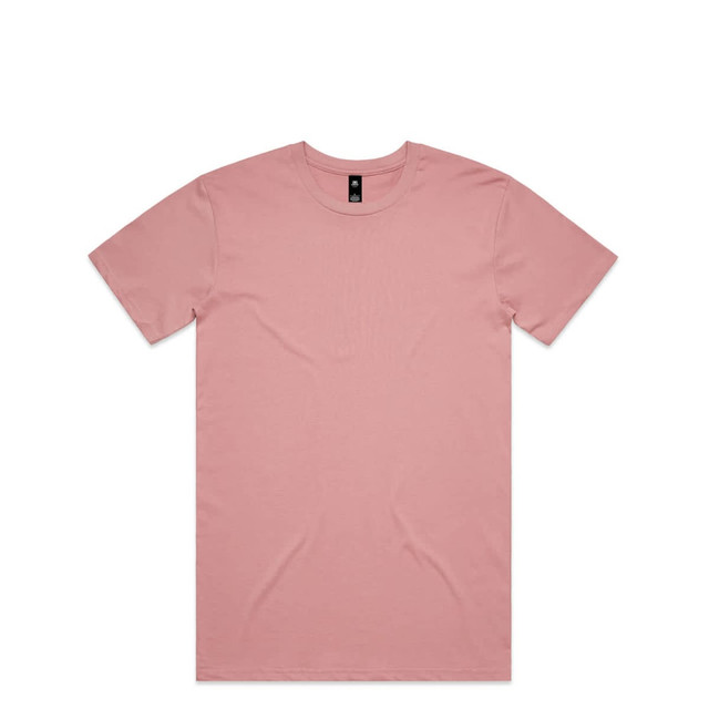 A pink T-shirt with a round neck and short sleeves, featuring a logo on the label.
