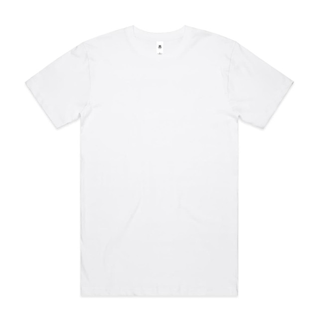 A white t-shirt featuring a plain design and a small logo on the label at the neckline.