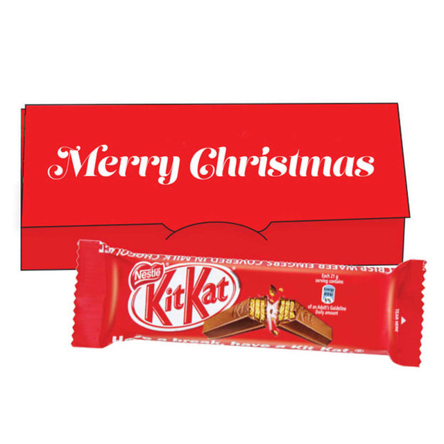 A red Christmas-themed packaging featuring a two-finger Kit Kat bar with a branded logo. A red Christmas-themed packaging featuring a two-finger Kit Kat bar with a branded logo.