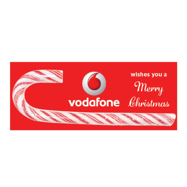A red card featuring a white candy cane design, with a logo and festive greeting. A red card featuring a white candy cane design, with a logo and festive greeting.
