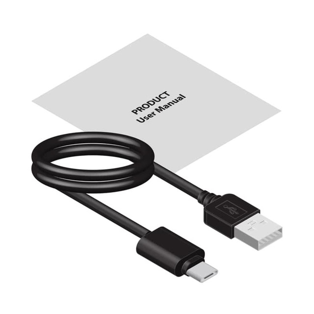 A black USB cable with a user manual, coiled neatly for storage.